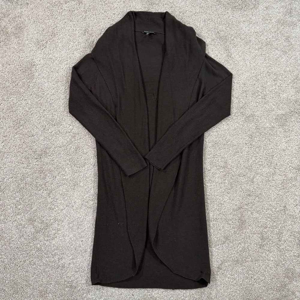 Eileen Fisher Wool Open Front Knit Cardigan‎ XS Black Long Draped Minimalist